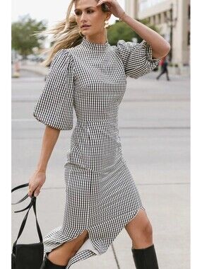 NWT Böhme Alex Gingham Maxi Dress Puff Sleeve Size Medium Modest Mock Neck Slits